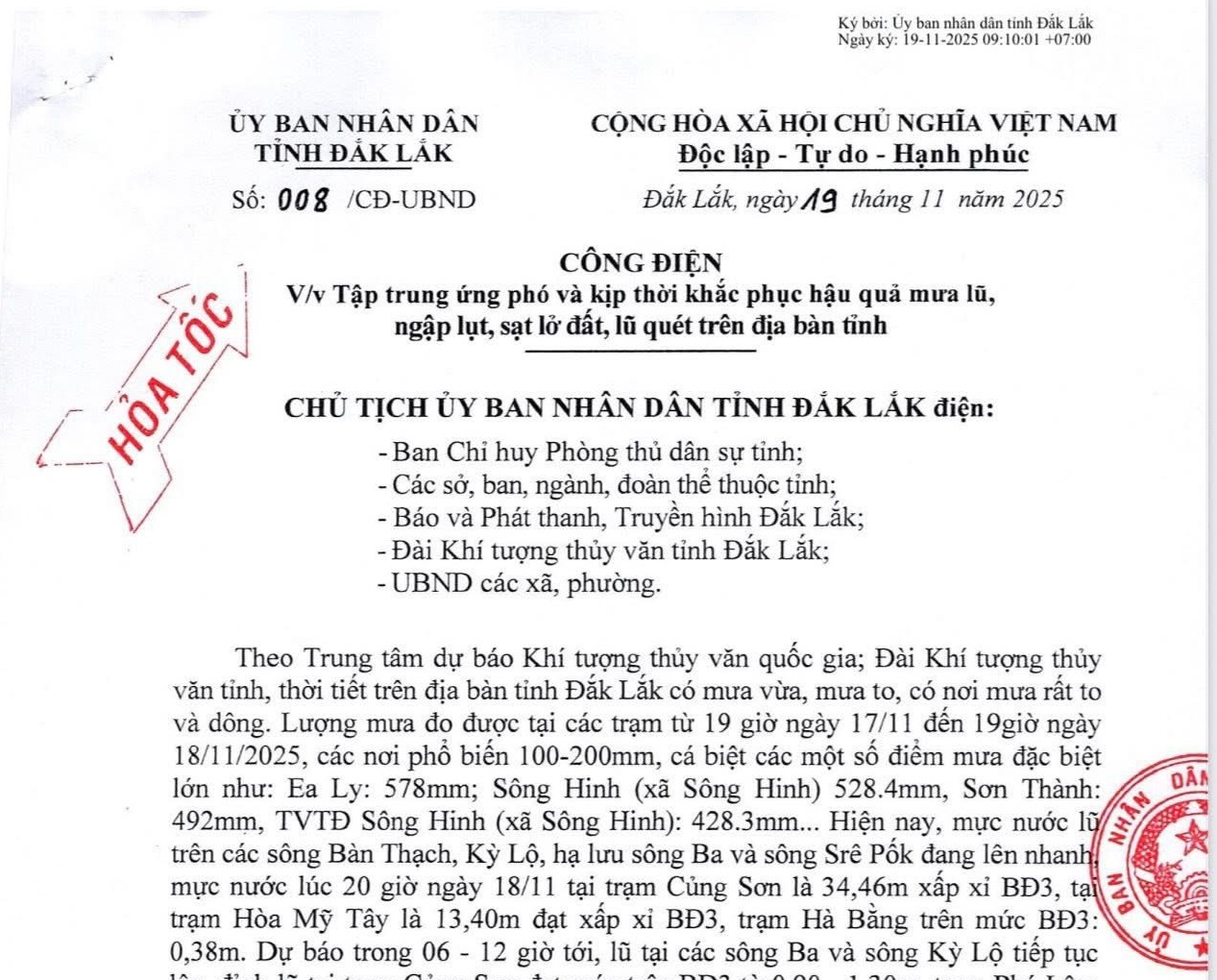 Công điện tập trung ứng phó và khắc phục hậu quả mưa lũ, ngập lụt, sạt lở đất, lũ quét trên địa bàn tỉnh Đắk Lắk